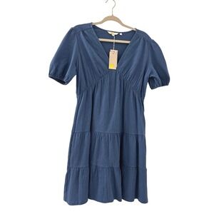 New Boden Navy Blue Jersey Seersucker Tiered Short Sleeve Mini Dress Size 8L